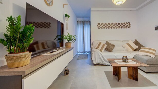 A modern living room with a sofa, coffee table, and potted plants.