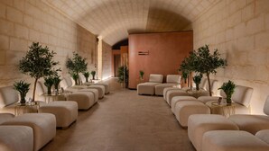A spacious lounge with multiple seating areas, a high arched ceiling, and potted plants.