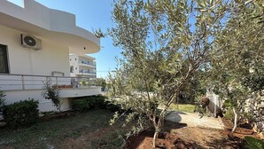 A modern building with a flat roof, a balcony, and a small garden area with olive trees and shrubs. - Apartments Meleqi (Ksamil)