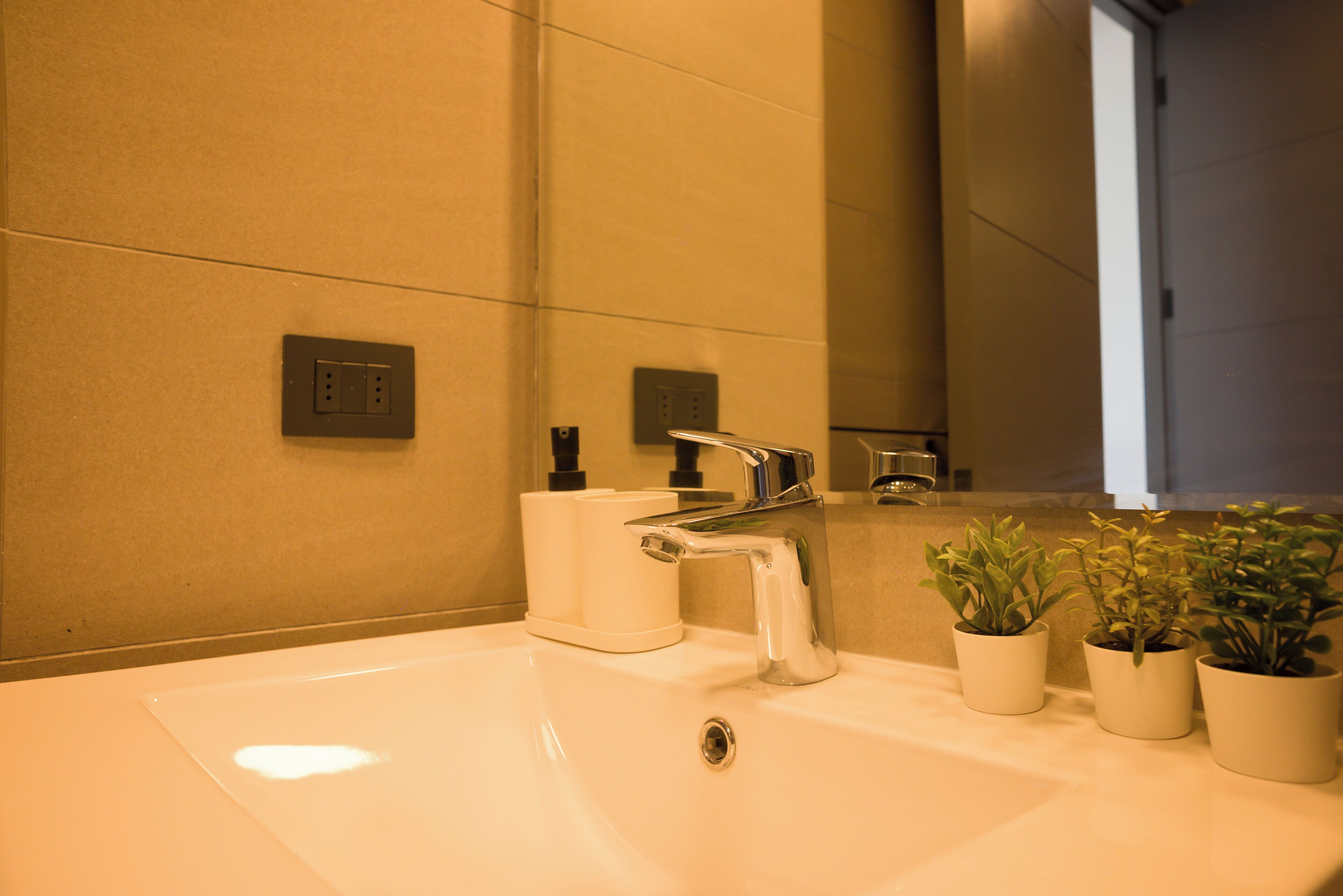 A bathroom with a white sink, a mirror, and three potted plants.