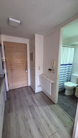 A bathroom with a toilet, a shower curtain, and a small sink. - Lyon Suite (Santiago)
