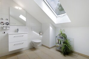 Shower, free toiletries, hair dryer, towels