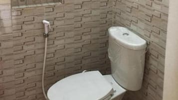 Shower, free toiletries, bidet, towels