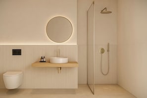 Double Room, Patio | Bathroom | Shower, hair dryer, towels, soap