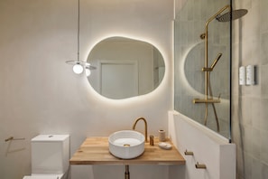 Double Room, Patio | Bathroom | Shower, hair dryer, towels, soap