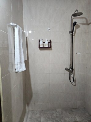 Un espace douche équipé d’un pommeau de douche à main, d’un porte-serviettes avec une serviette blanche et d’une étagère contenant deux bouteilles.