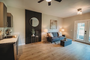 Smart TV, fireplace, books