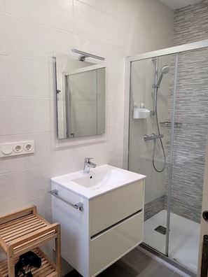 Douche, sèche-cheveux, serviettes fournies, papier toilette