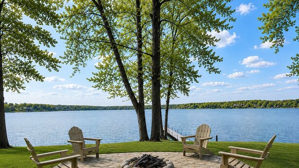 Et siddeområde ved søen med Adirondack-stole og bålsted.