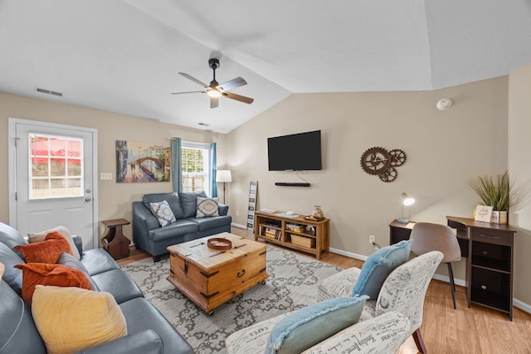 Cozy Leather Sofas, Smart TV, Sound Bar, Work Desk