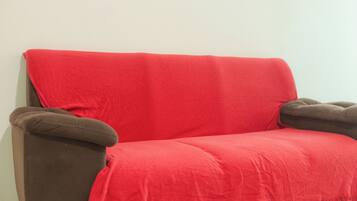 A brown sofa with a red blanket.