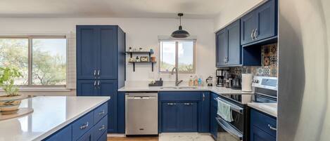Fridge, microwave, oven, stovetop