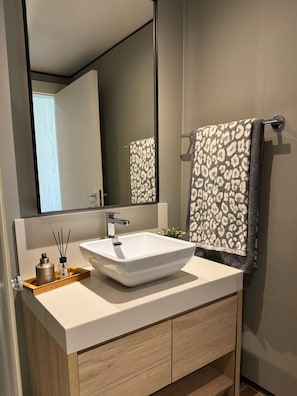 Sèche-cheveux, serviettes fournies, savon, papier toilette