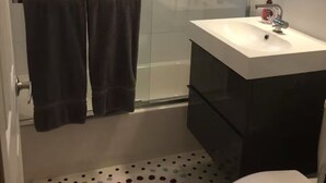 Un bagno con doccia, lavandino e WC.