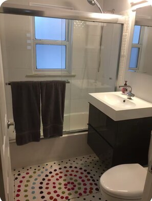 Hair dryer, towels, soap, toilet paper