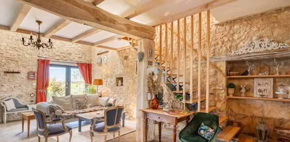 Télévision, cheminée, table de tennis de table, livres