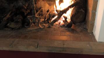 A fireplace with burning logs and a metal decorative piece.