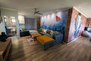 TV connectée, cheminée, livres, chaßne hi-fi