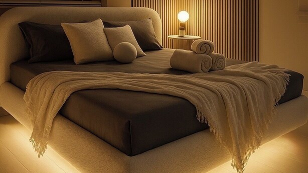 Quarto moderno com cama, mesa de cabeceira e design de parede diferenciado.