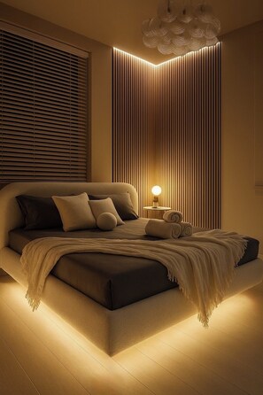 A modern bedroom with a bed, bedside table, and a unique wall design. - 2-bedroom apartment in wonderful Pittsburgh with WiFi, AC (Pittsburgh)