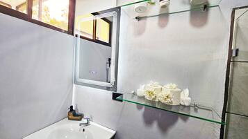 A bathroom with a white sink, a mirror, a glass shelf with toiletries, and a potted plant.
