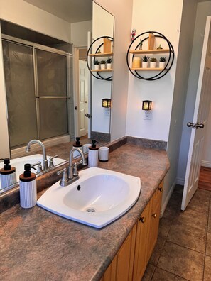 Hair dryer, towels, soap, toilet paper