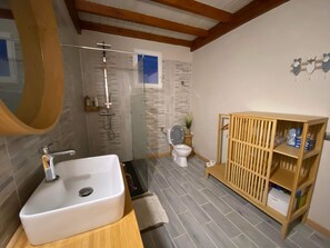 Hair dryer, towels, toilet paper