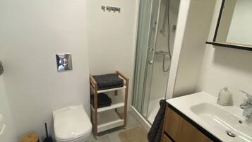 Een haardroger, handdoeken, zeep, toiletpapier