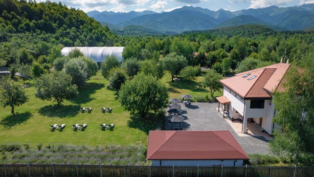 Un hotel con techo rojo, rodeado de exuberante vegetación y montañas. Hay zonas de estar al aire libre y una gran estructura tipo carpa.