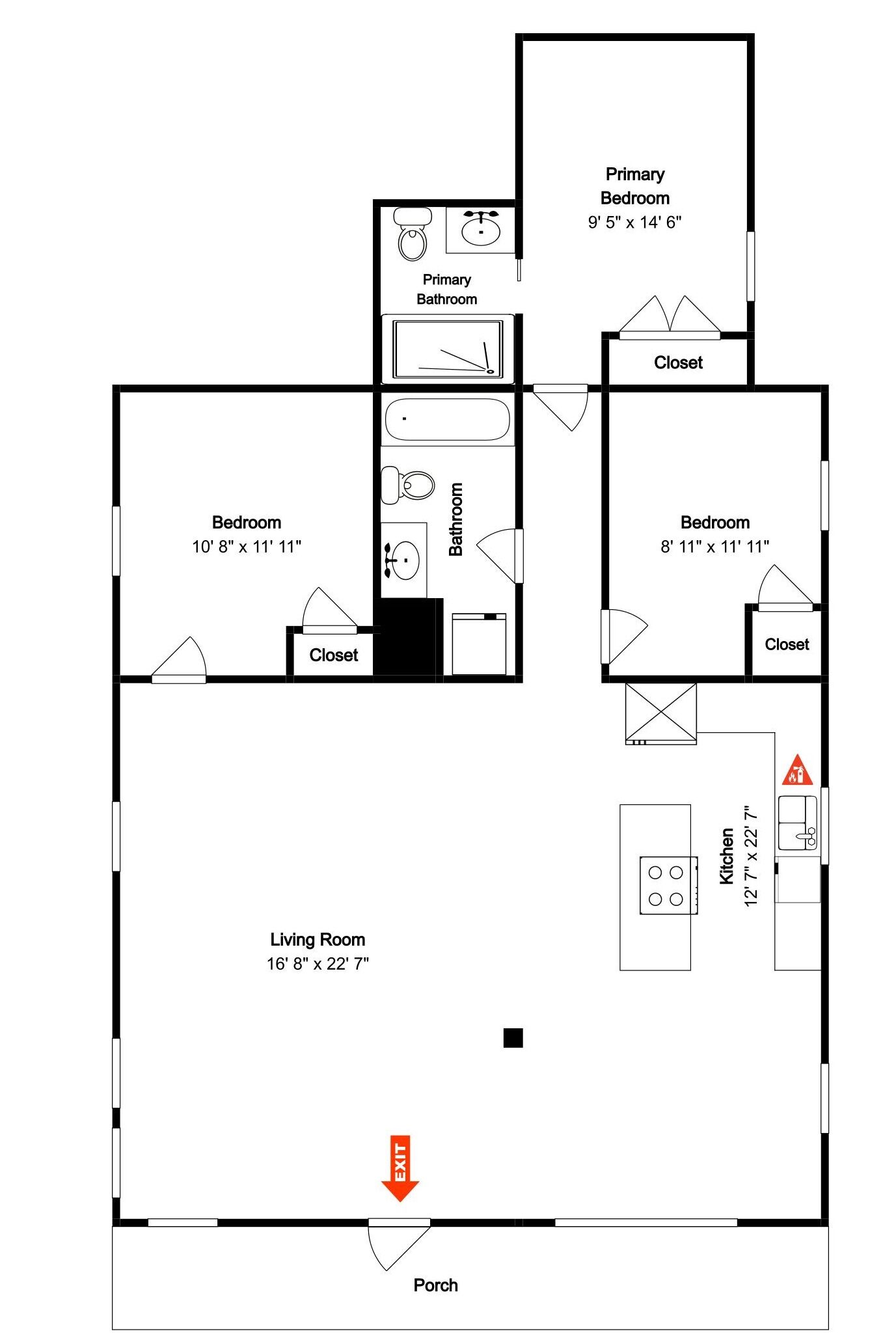 A floor plan with a primary bedroom, two smaller bedrooms, a bathroom, a kitchen, a living room, and a porch.