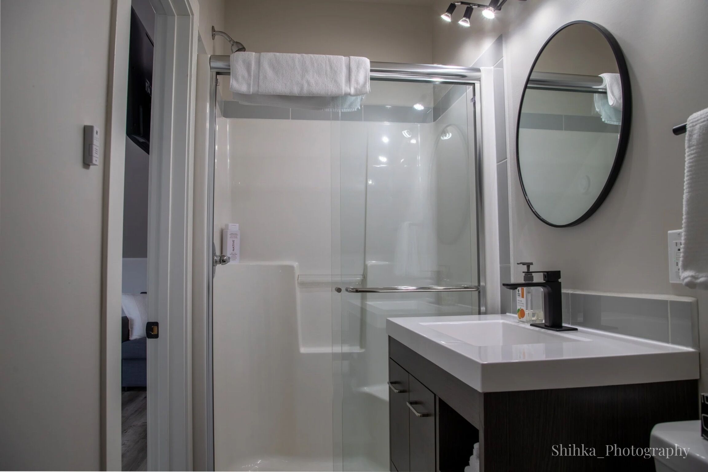 Hair dryer, towels, soap, shampoo