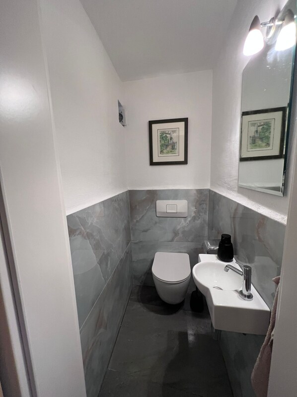 Douche, séchoir à cheveux, serviettes fournies, savon