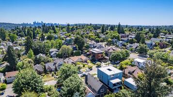 Vista aérea de um bairro residencial com casas, árvores e um horizonte urbano distante.