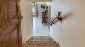 Une porte en bois donne sur un escalier muni d’une rampe, avec une plante en pot et un téléviseur à écran plat fixé au mur.