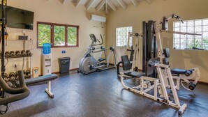 Une salle de sport équipée de matériel d’exercice, d’un téléviseur et de fenêtres laissant entrer la lumière naturelle.