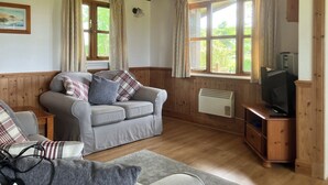 Una sala de estar acogedora con un sofá gris, cojines escoceses, un televisor sobre un mueble de madera y ventanas amplias con cortinas.