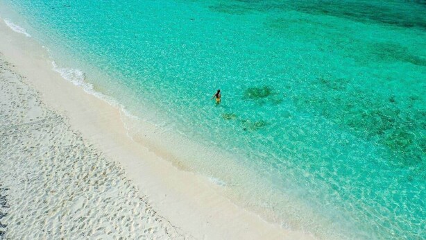 A beach with clear turquoise water and a person standing in the water. - Hidden Haven III - Cozy Studio (The Bight Settlement)