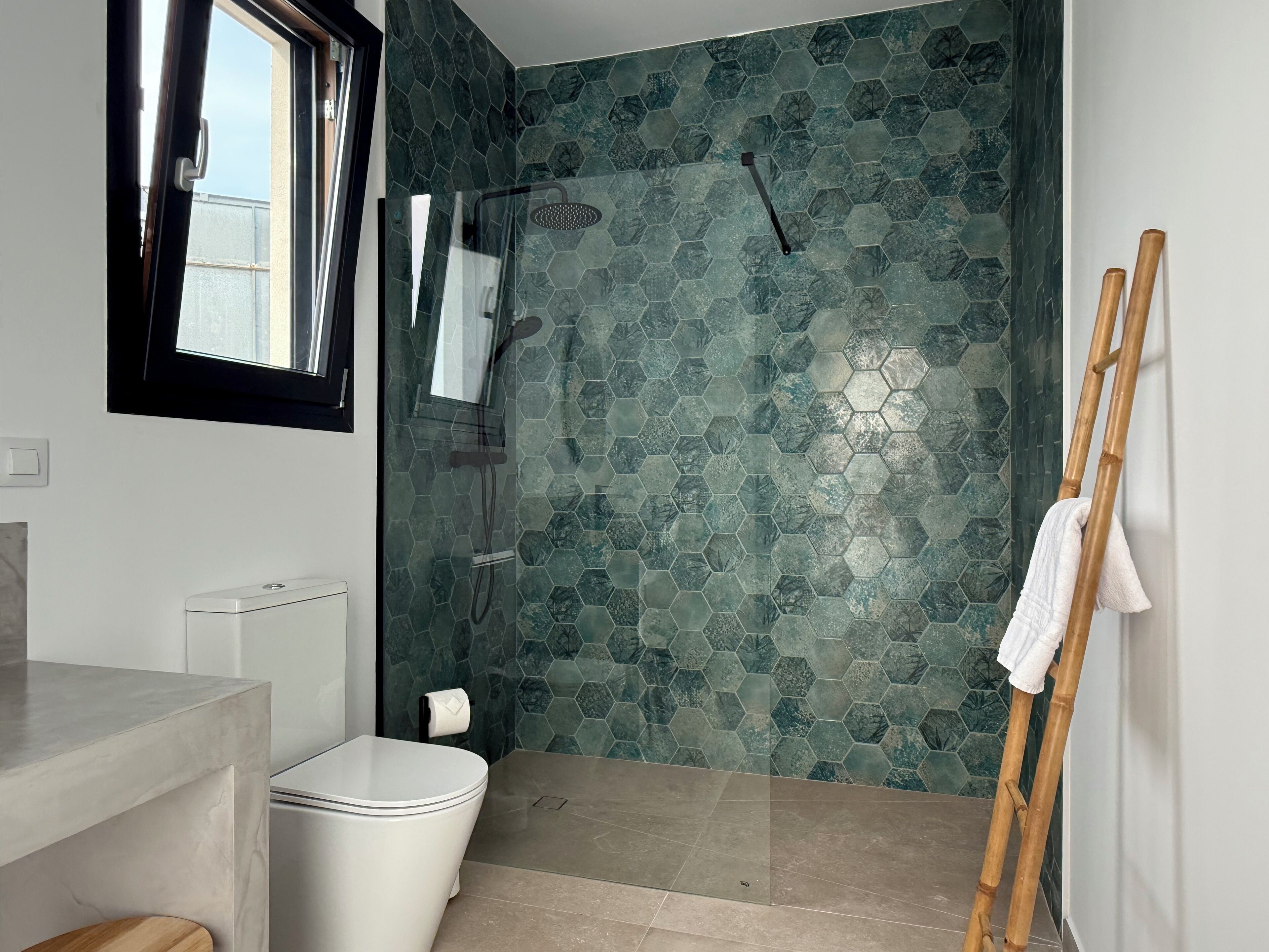 Une salle de bain équipée d’une douche, de toilettes et d’un porte-serviettes.