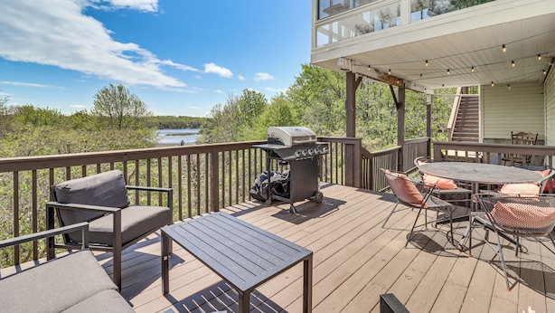 A deck with outdoor furniture, a grill, and a view of the surrounding landscape. - Game Room! Lake-View Gem 7 Mi to Camelback Slopes (Long Pond)