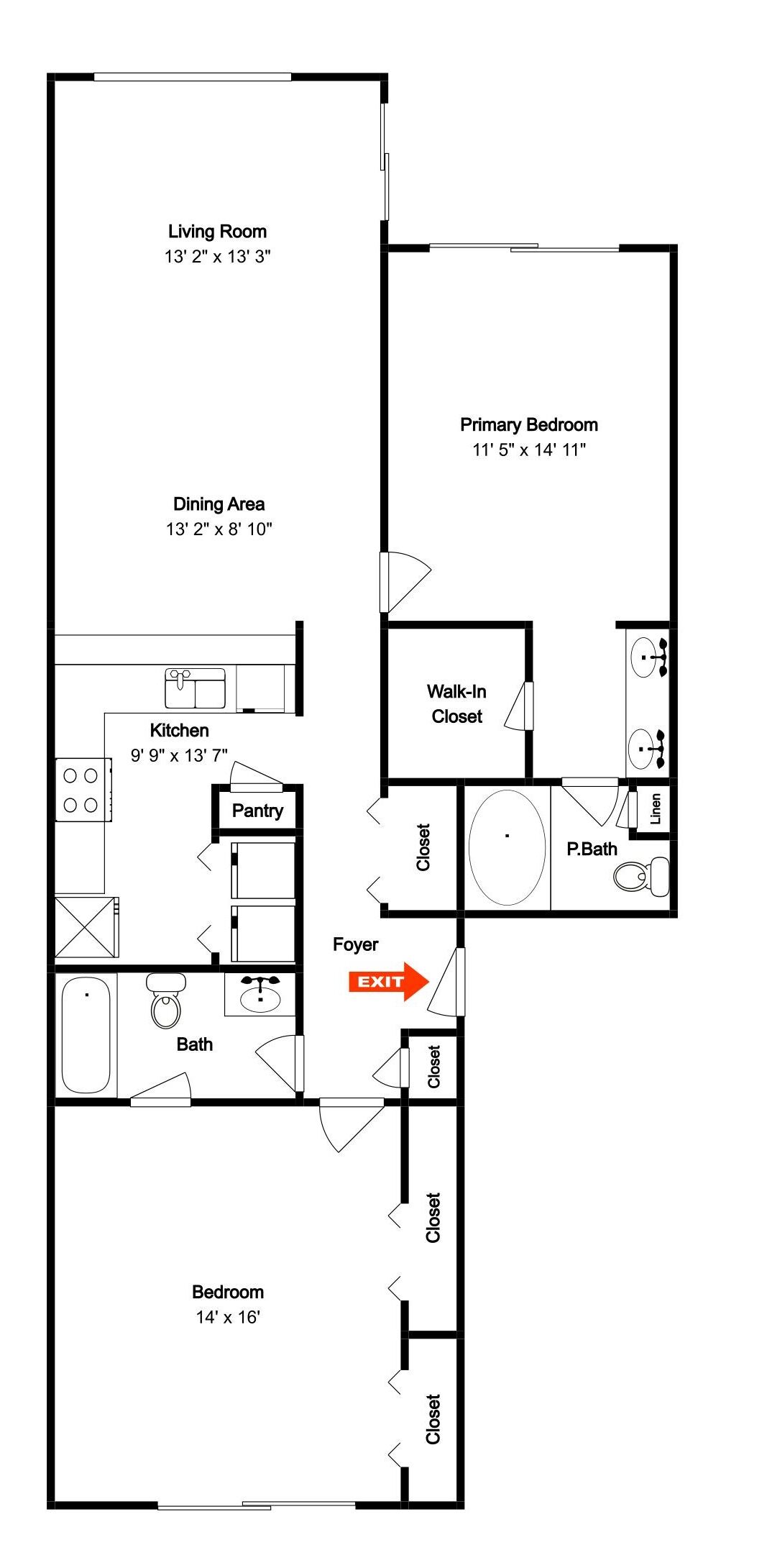 Plano de planta de una casa que incluye sala de estar, comedor, cocina, baño, dormitorio principal, vestidor y un dormitorio.