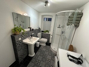 Shower, hair dryer, towels, soap