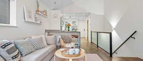 TV, fireplace, books