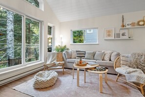 TV, fireplace, books