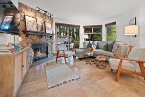 TV, fireplace, books, stereo