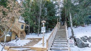 Una escalera de madera que conduce a una cabaña en un bosque nevado.