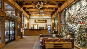 Un hall d’entrée avec un comptoir d’accueil, un sapin de Noël et une cheminée.