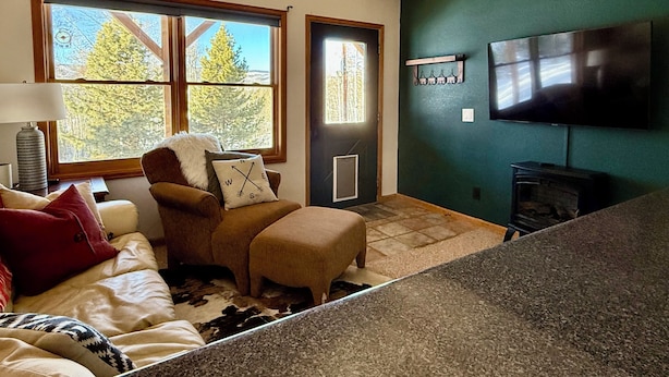 A cozy living room with a fireplace, a television mounted on the wall, and a large window offering a view of trees. - Peaceful 2-bedroom apartment - dogs welcome (Granby)