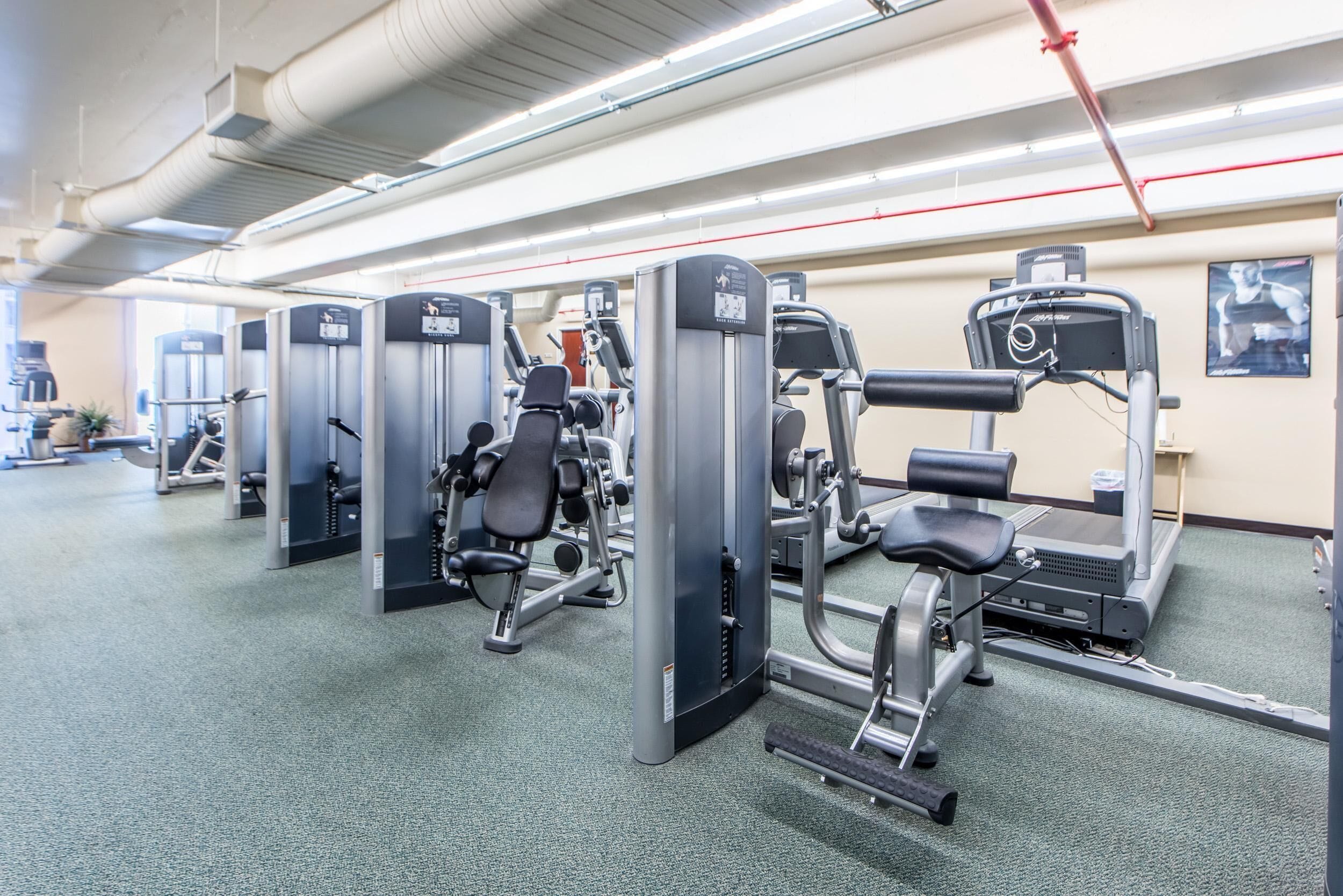 Ett gym med olika träningsmaskiner, inklusive styrketräningsmaskiner och löpband.