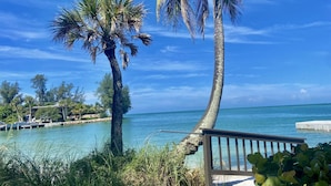 A coastal scene with palm trees, a clear blue sky, and a calm sea. - Little Sandy Cove Paradise (Siesta Key)