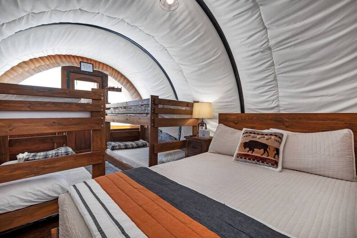 A tented accommodation with bunk beds, a bedside table with a lamp, and a bed with a buffalo-themed pillow.